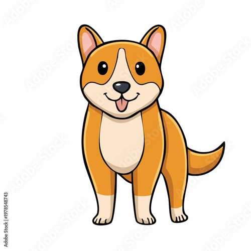 Joyful cartoon corgi dog with tongue out and wagging tail standing happily