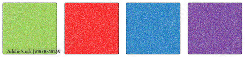A set of four square blocks filled with dense colorful stippled dot patterns in green red blue and purple providing a vibrant grainy aesthetic.