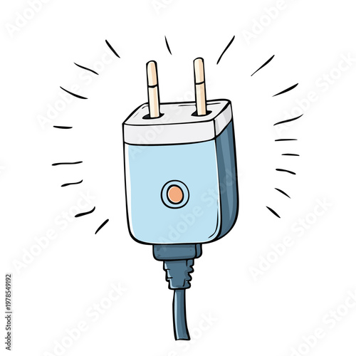 Cartoon illustration of a glowing blue electrical plug with two prongs and a cord