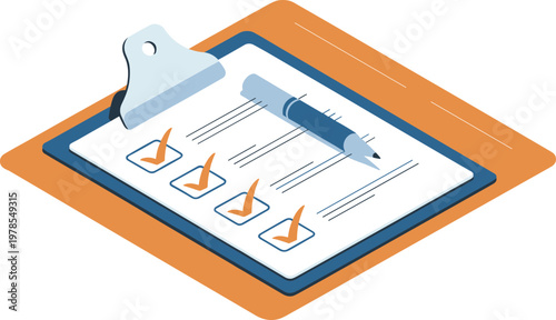 Checklist clipboard with completed tasks and pen in isometric style