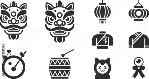 Chinese culture icons set with lion dance mask, lanterns, drum and traditional symbols