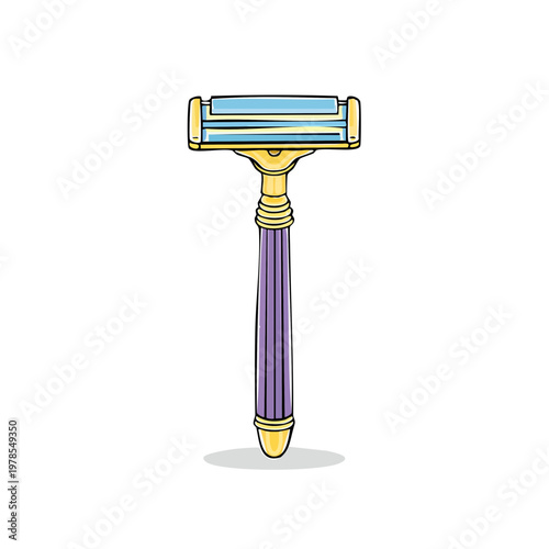 Classic safety razor with purple ribbed handle and golden accents for shaving and personal grooming
