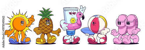 Retro summer beach cartoon characters, smiling groovy sun mascot, tropical pineapple in sunglasses, cute spf tube wearing flip flops and inflatable flamingo,. Funny vacation vector isolated on white