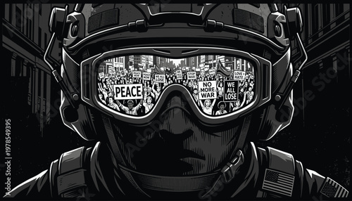 Satirical conceptual illustration of soldier goggles reflecting peaceful anti war protest and demonstrators