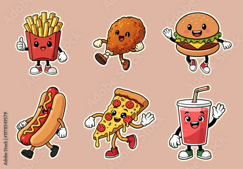 Fast food mascot sticker character collection. Cartoon street snack flat vector illustration