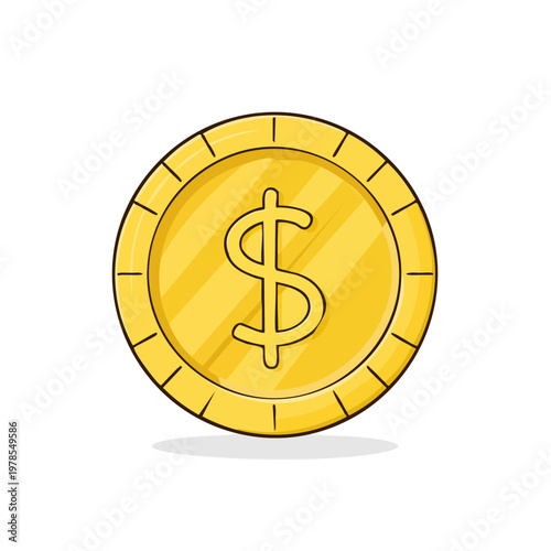 Shiny golden coin with a bold dollar sign symbol, isolated on a clean white background, representing wealth and financial success