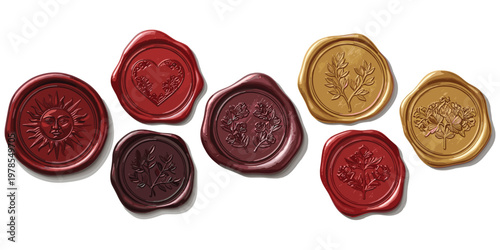 Wax seals collection, red burgundy gold colors, embossed floral motifs, sun face, heart design, handcrafted texture, vintage authenticity, flat vector illustration