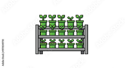 This pixel art vector illustration depicts a three-tier shelf filled with rows of green potted seedlings against a clean white background.