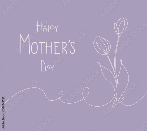 Happy Mother's Day minimalistic greeting card with hand-drawn line art tulips, vector. Festive spring flower template with text for banners, social media, posters, labels