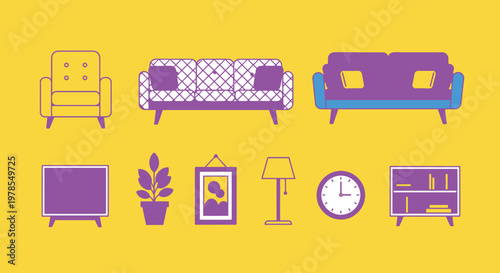 A colorful collection of modern furniture and home decor elements arranged on a yellow background