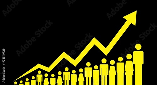 A graphic illustration of a growing population with a rising chart and arrow