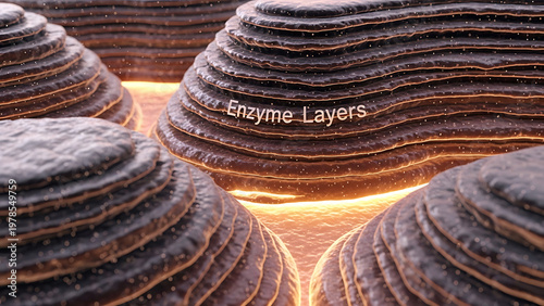 Layers of enzymes on a substrate in a biochemical process  enzyme layers are stacked on top of each other in a laboratory setting for scientific research and experimentation purposes