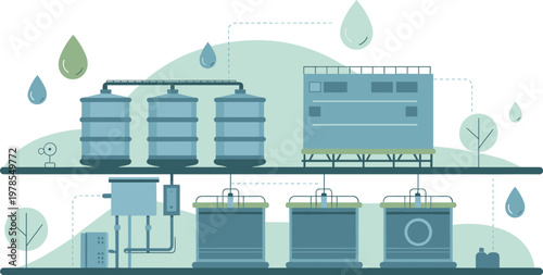 Flat design water treatment plant system with tanks and filtration vector illustration for industry