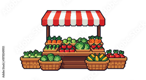 A pixel art illustration of a wooden market stall with a red and white awning, displaying various fresh vegetables in crates and baskets.