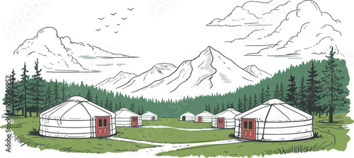 Hand drawn traditional yurt village in mountain landscape for travel and cultural illustration use