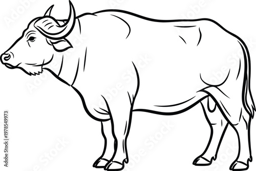 A large bull standing still with its head turned to the side