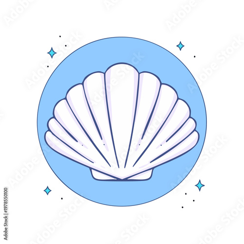 Stylized White Scallop Shell Icon with Blue Circle and Sparkles