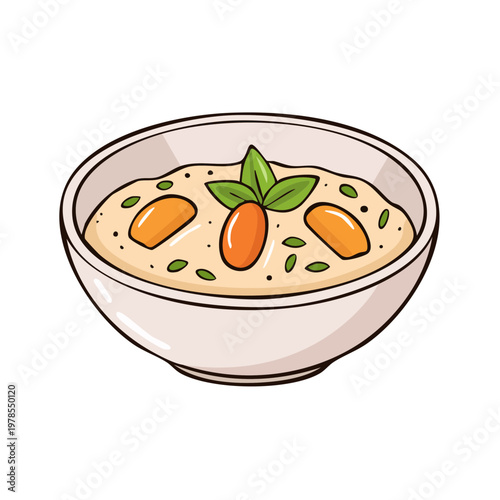 Wholesome bowl of creamy oatmeal with fruit and herbs garnish