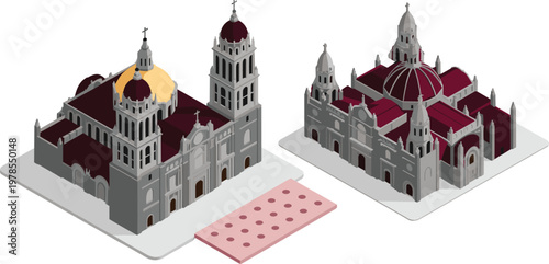 Isometric 3D cathedral and basilica architecture set for religious landmark and travel design