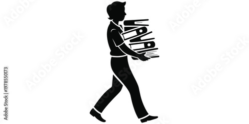 Worker silhouette carrying stack of folders, overloaded responsibilities, busy office stress concept, workplace burden artwork design, flat vector illustration