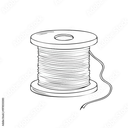 Hand drawn illustration of a spool of thread with a loose end for sewing and crafts