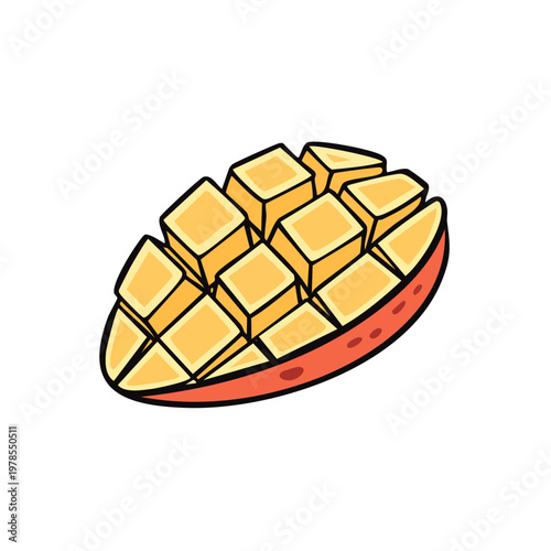 Artistic illustration of a halved mango fruit with diced flesh in a vibrant cartoon style