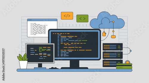 Cloud computing and software development with multiple screens and servers.