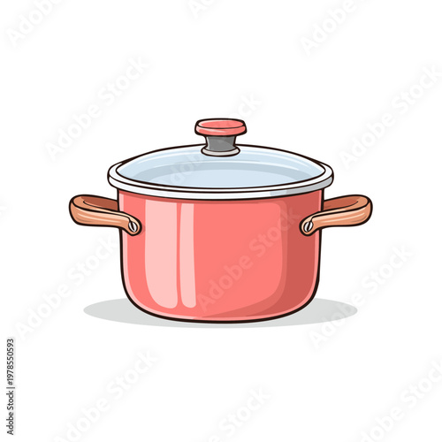 Bright Coral Cooking Pot with Glass Lid and Wooden Handles Kitchenware Illustration
