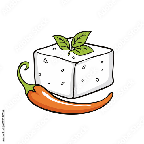 Feta cheese cube with fresh basil leaves and a chili pepper illustration