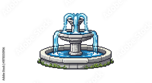 This detailed pixel art vector depicts a classic three-tiered stone garden fountain with cascading blue water and small green plants at its base.