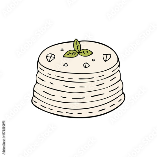 Stack of Round Pancakes Topped With Fresh Basil Leaves and Crumble