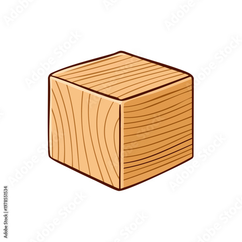 Simple wooden cube with visible grain texture and rounded edges, hand-drawn style illustration