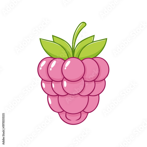 Cute cartoon raspberry with green leaves and stem, simple graphic illustration of a single berry, healthy fruit, sweet food, summer harvest