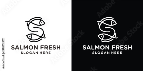 Salmon Fresh Logo: A sleek and modern logo featuring two stylized fish forming the letter S, complemented by the words Salmon Fresh and Slogan Here, presenting the essence of freshness and quality.