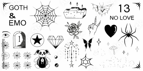 A collection of gothic and emo inspired flash tattoo designs in black ink