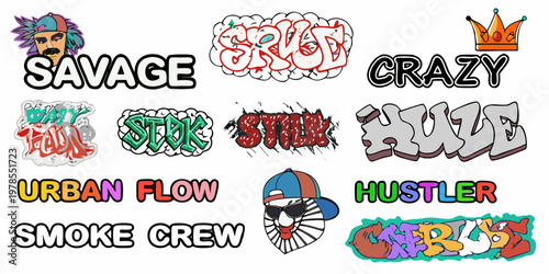 Colorful graffiti style word art and a cap with a face illustration