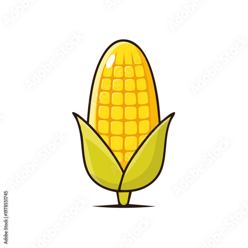 Bright Yellow Corn Cob with Green Husk and Stylized Cartoon Design