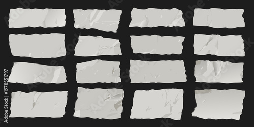 Collection of torn paper pieces arranged in a grid on black