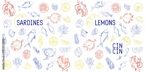 Artistic illustration featuring sardines lemons and various seafood elements