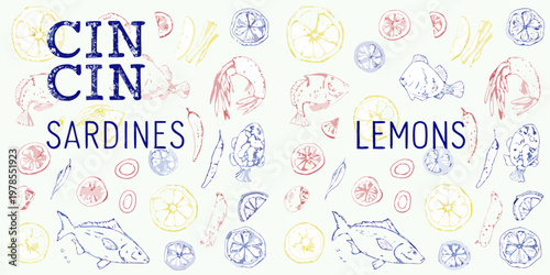 Sketch of sardines lemons and fish scattered around handwritten text