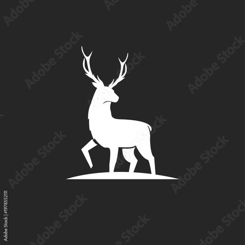 Majestic White Deer Silhouette with Large Antlers Standing in Profile on Dark Background
