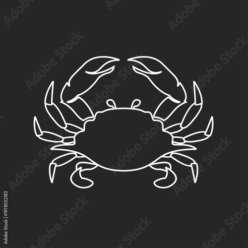 White outline crab vector icon on black background, minimalist marine animal illustration.