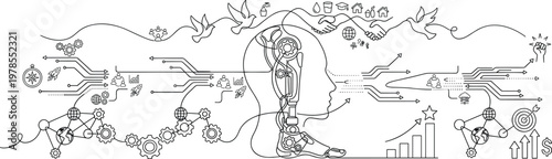 Intricate line art of a cyborg head integrated with symbols of global connectivity peace technology and social progress for future innovation.