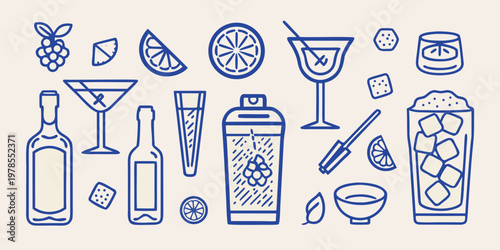 Collection of hand drawn cocktail ingredients and barware in blue lines