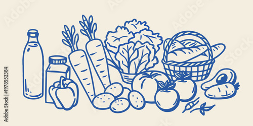 A blue line drawing depicting a collection of fresh produce and groceries