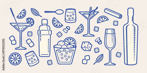 Hand drawn illustration of cocktails citrus and bar accessories