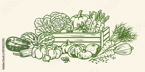 An overflowing wooden crate depicts a vibrant harvest of fresh produce