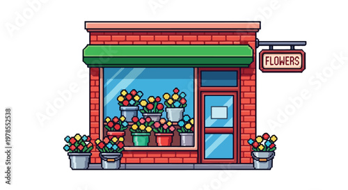 A colorful pixel-art illustration of a brick flower shop featuring a green awning and various potted plants displayed in its large front window.