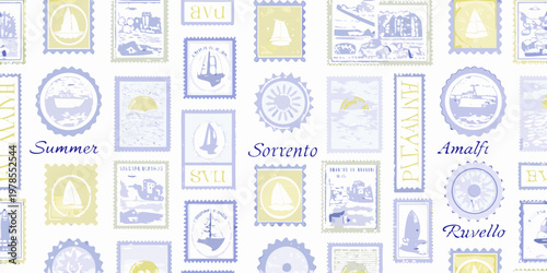 Vintage postage stamps featuring coastal scenes and italian destinations