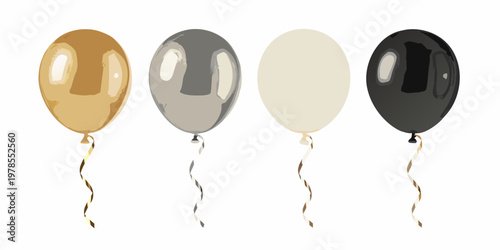 Four balloons in gold silver white and black shades are displayed